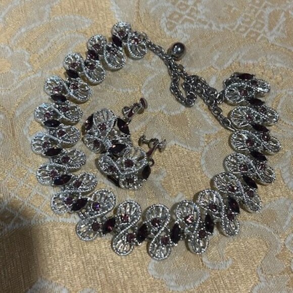 DODDS Purple Rhinestone Silver Link Statement NECKLACE/EARRINGS SET - Picture 3 of 11